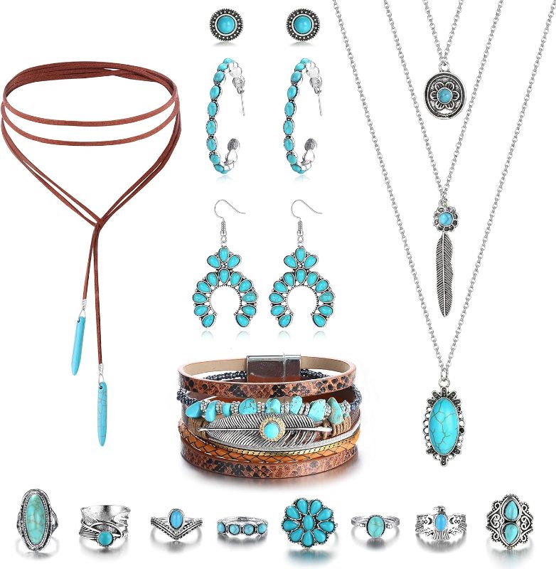 Photo 1 of Helicopchain Western Jewelry For Women Bohemian Turquoise Jewelry Set Turquoise Pendant Choker Necklace Turquoise Faux Leather Cuff Bracelet Turquoise Hoop Dangle Earrings Turquoise Joint Knuckle Rings
