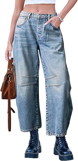 Photo 1 of Dokuritu Baggy Jeans for Woman Wide Leg Mid-Rise Denim Ankle Pants Y2k Barrel Boyfriend Jeans with Pockets- size small
