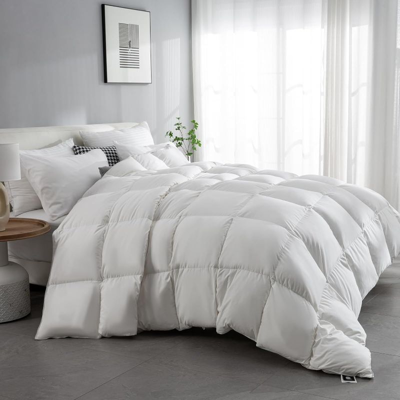 Photo 1 of KUSNUG Hotel Collection Goose Feather Down Queen Comforter, Luxury Duvet Insert with Soft Egyptian Cotton-Poly Cover,850 FP Fluffy Bedding with 8 Corner Tabs,Lightweight Bed Comforter(White,90x90)
