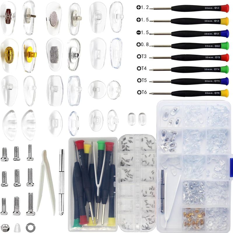 Photo 1 of Eyeglass Nose Pads Eyeglass Repair Kits with Precision Kit Screw Set 110 Pairs 330 Pcs Upgrade Compact Screw Box Precision Screwdriver Tool Set and Tweezers for Eyeglasses, Sunglasses, Watch Repair
