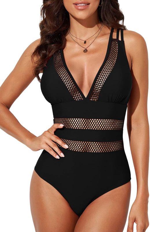 Photo 1 of (S) EVALESS Womens Sexy Mesh V Neck One Piece Swimsuits Tummy Control High Waisted Bathing Suits Cross Back Hollow Out Swimwear- size small
