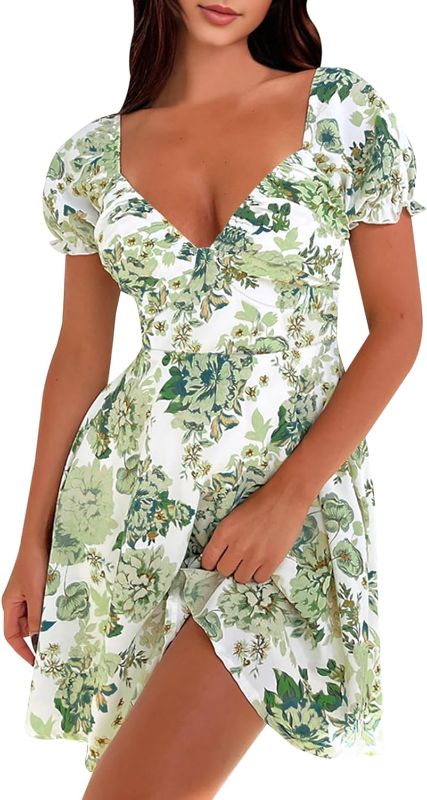 Photo 1 of (XL) AIMCOO Women's Sweetheart V Neck Floral Short Dress Puff Sleeve A Line Smocked Back Summer Casual Solid Ruffle Mini Dresses- size XL
