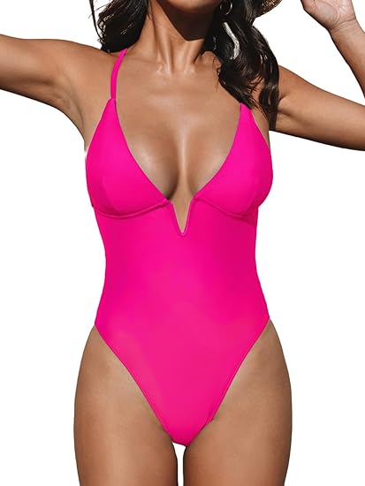 Photo 1 of (XL) CUPSHE Women Swimsuit One Piece Bathing Suit Deep V Neck Crisscross Back Adjustable Strap- size XL
