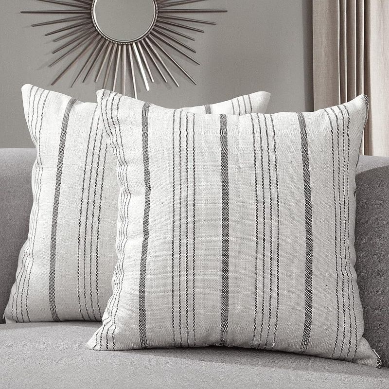 Photo 1 of Sunlit Decorative Farmhouse Throw Pillow Case, Cover Only, Set of 2 Cream/Off-White with Charcoal Stripes Square Pillow Cover, 20" x 20", Textured Linen Throw Pillow Case for Couch Chair Bedroom

