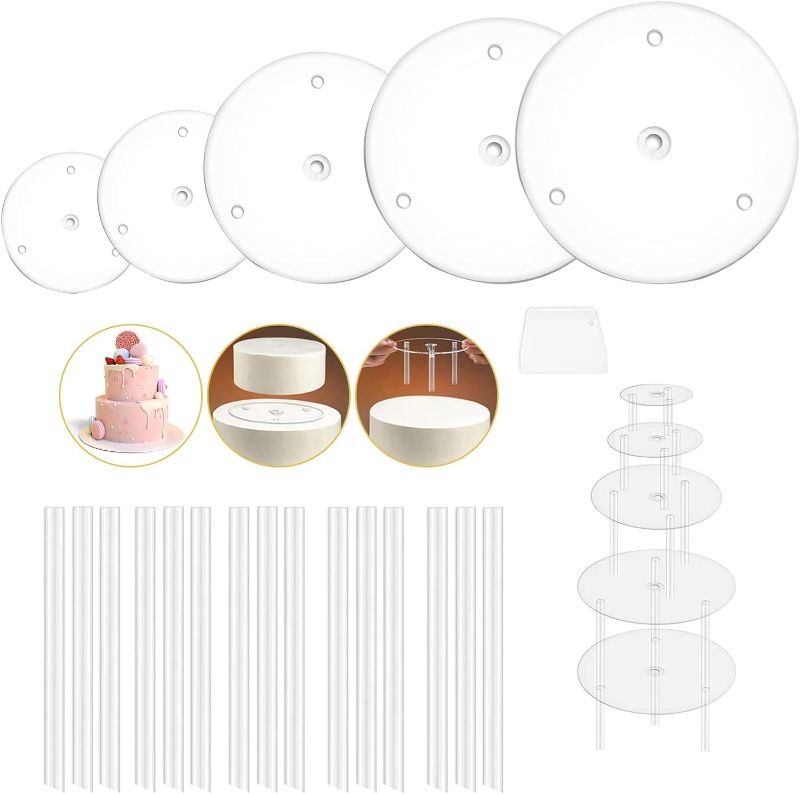 Photo 1 of 5 Pieces Cake Separator Plates Stands, Cake Base with 15 Pieces Plastic Cake Dowels Rods, Reusable for Tiered Stacked Cakes, for Wedding Birthday Party Festival.
