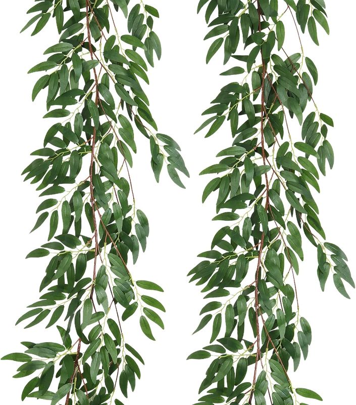 Photo 1 of Artificial Hanging Willow Vine Twigs 2Pcs 5.7Ft Fake Hanging Plant Silk Willow Leaves Ivy Garland Faux Greenery Ivy Decoration for Indoor Outdoor Wedding Jungle Beach Birthday Party Garden Table Decor
