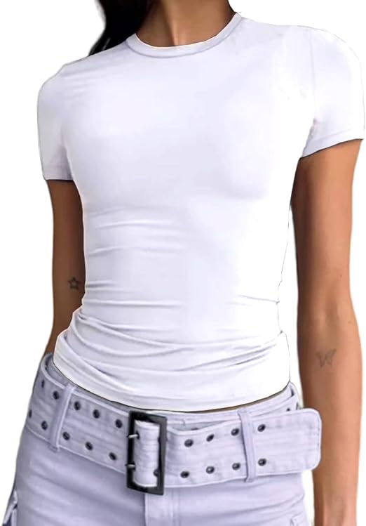 Photo 1 of (S) Women's Casual Basic Going Out Crop Tops Slim Fit Short Sleeve Crew Neck Tight T Shirts- size small