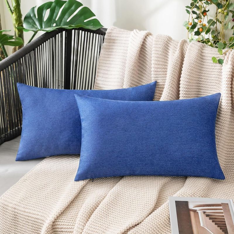 Photo 1 of MIULEE Pack of 2 Decorative Outdoor Solid Waterproof Throw Pillow Covers Polyester Linen Garden Farmhouse Cushion Cases for Patio Tent Balcony Couch Sofa 12x20 inch Royal Blue
