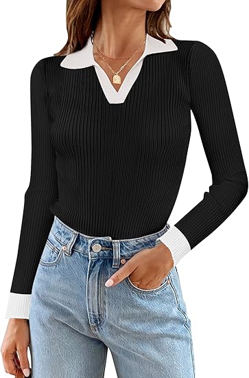 Photo 1 of (L) MEROKEETY Womens 2024 Fall V Neck Long Sleeve T Shirts Slim Fitted Ribbed Knit Casual Tee Tops- size large
