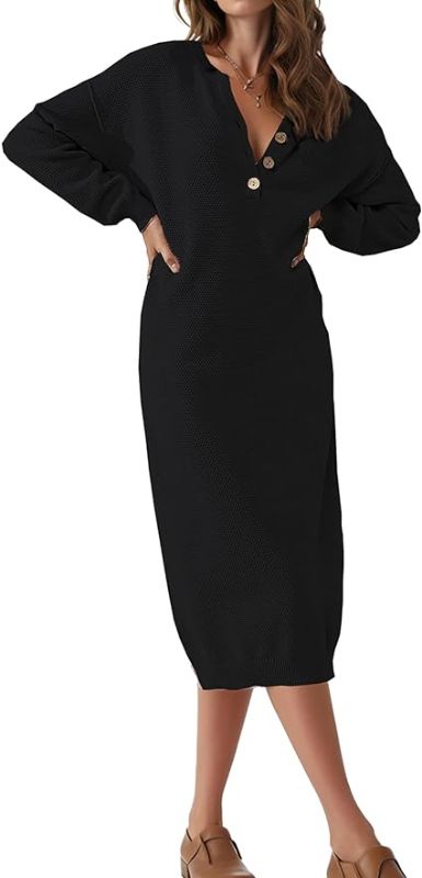 Photo 1 of Comdify Women's Sweater Maxi Dress Long Sleeve Button Casual Loose Oversized Waffle V Neck Knit Midi Sweater Dress- size large