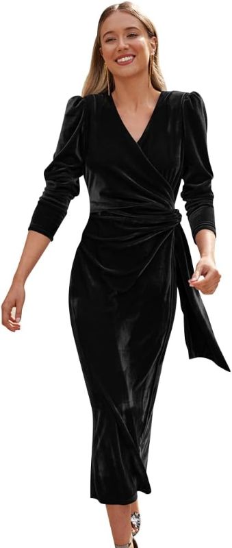 Photo 1 of (M) OBEEII Women's V Neck Wrap Velvet Dress Long Sleeve Elegant Ruched Bodycon Cocktail Party Fall Wedding Guest Dresses- size medium