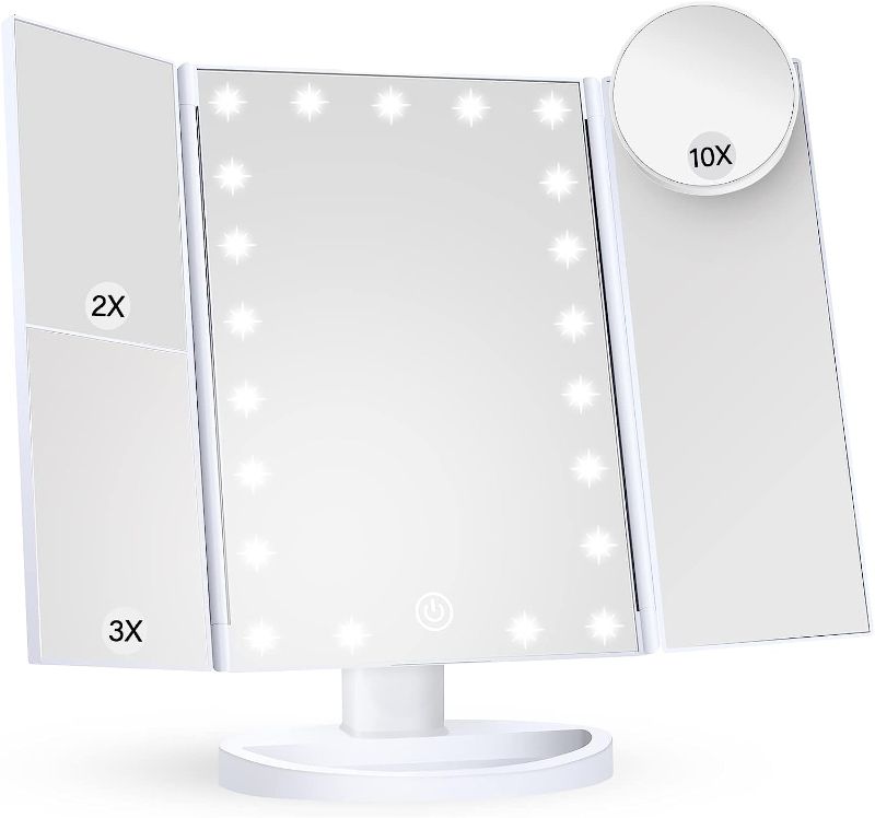 Photo 1 of Makeup Mirror Vanity Mirror with Lights, 2X 3X 10X Magnification, Lighted Makeup Mirror, Touch Control, Trifold Makeup Mirror, Dual Power Supply, Portable LED Makeup Mirror, Women Gift (White)
