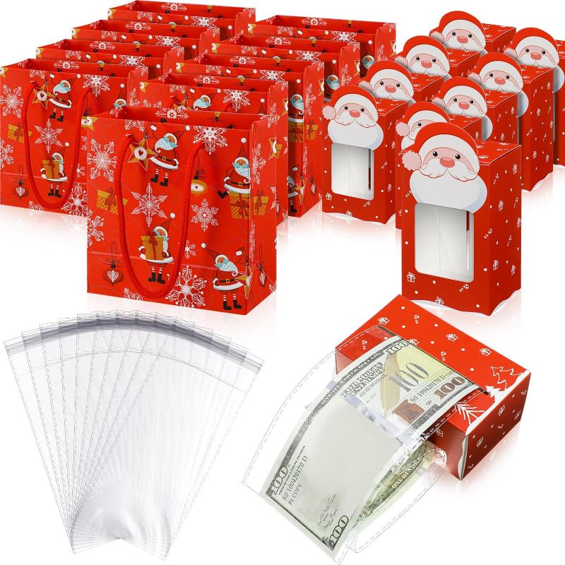 Photo 1 of 5 Pieces Santa Christmas Money Dispenser with 5 Pieces Bags Money Cake Pull Out Kit Christmas Bags for Gifts with 100 Cake Money Box Transparent Bags for Kids Christmas Party
