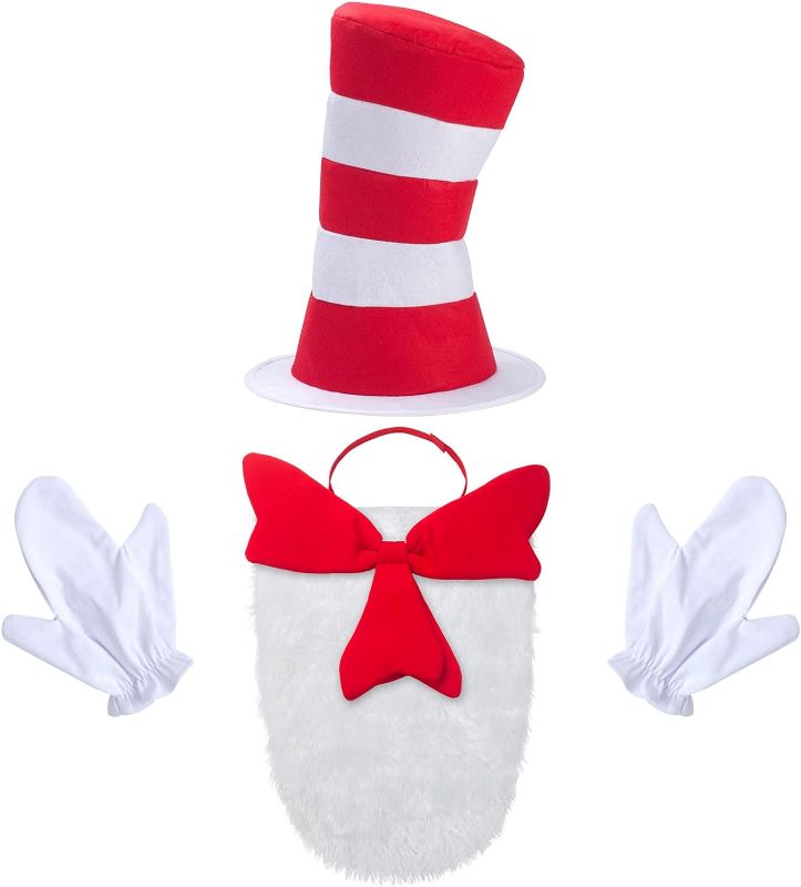 Photo 1 of GHGMAO Cat Costume Set in The Hat Include Red Striped Top Hat White Gloves White Furry Cloth and Red Bow Tie Halloween Costume Accessories For Men Women
