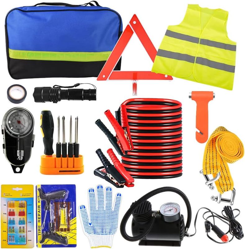 Photo 1 of Car Emergency Kit, Roadside Assistance Auto Emergency Kit, 14-piece Tool Set Car Safety Kit with Jumper Cables, Tire Pressure, Tow Trap for Travel Camping Adventure for your Truck, Car, SUV (1)
