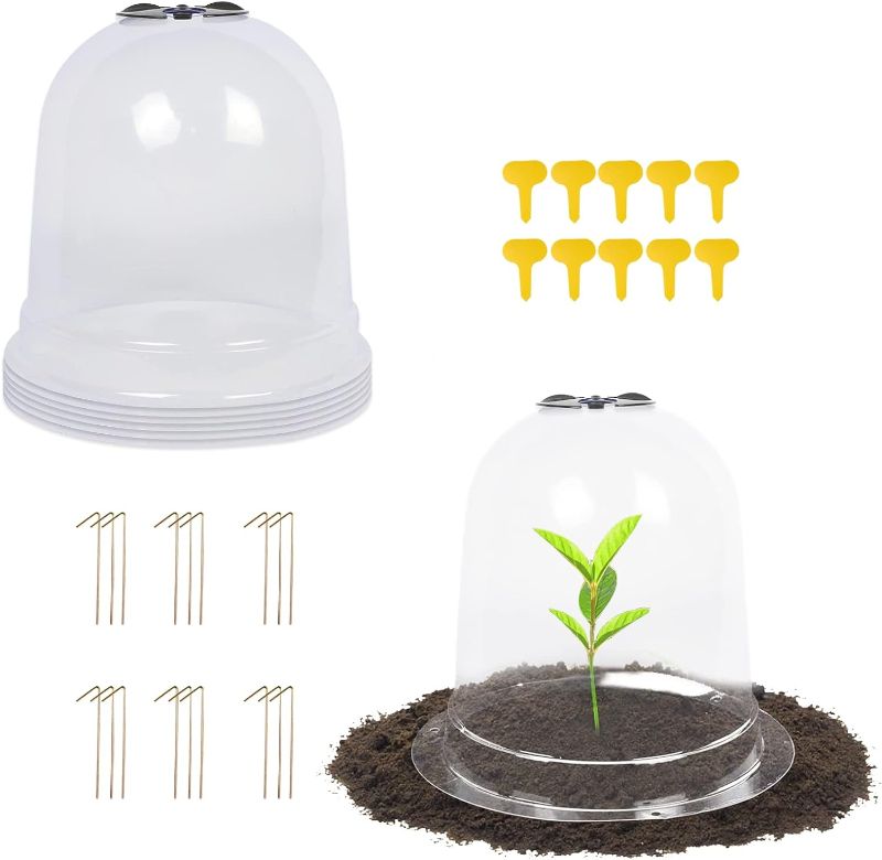 Photo 1 of MorTime 6 Pack Garden Cloche Plant Dome, 7.3" D x 6.9" H Plastic Plant Bell Cover Reusable Mini Greenhouse with 18 Ground Securing Pegs & 10 Plant Labels for Outdoors Frost Freeze Protection
