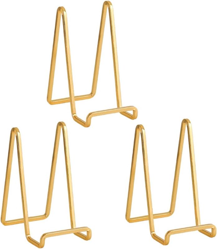 Photo 1 of Plate Holder Easel Display Stand - 6 inch Metal Plate Stands for Display - Tabletop Picture Stand - Gold Iron Easels for Display Pictures | Photo Frames | Book | Decorative Plates | Plaque - 3 Pack
