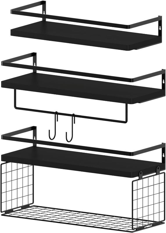 Photo 1 of WOCOPIA Black Floating Bathroom Shelves with Toilet Paper Storage Basket & Towel Bar Rack & S Hooks, Over Toilet Bathroom Organizers and Storage, Wall Mounted Small Corner Shelf for Bedroom Home Decor
