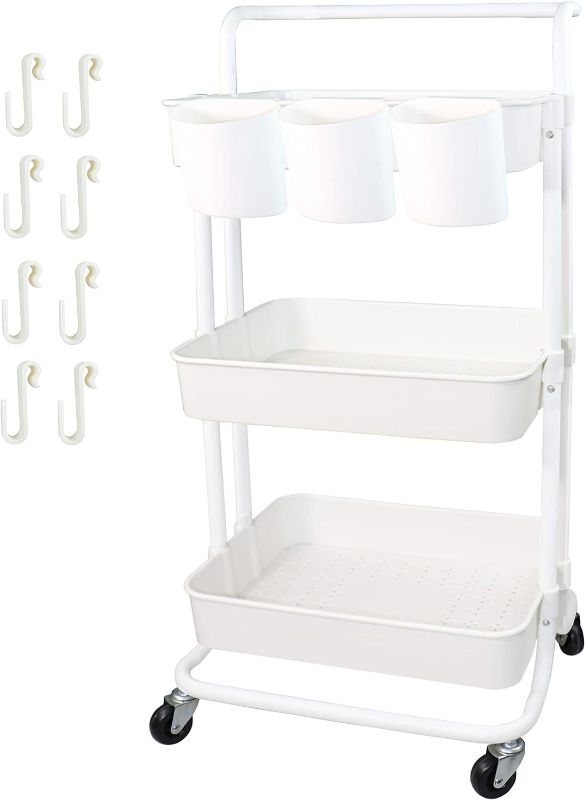 Photo 1 of Piowio 3 Tier Utility Rolling Cart Multifunction Organizer Shelf Storage Cart with 3 Pieces Cups and 8 Pieces Hooks for Home Kitchen Bathroom Laundry Room Office Store etc. (White)
