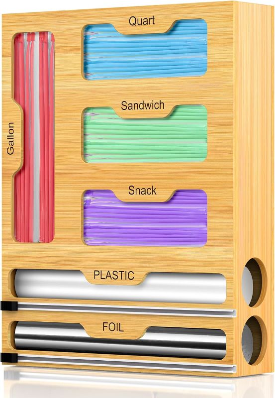 Photo 1 of Bag Storage Organizer for Kitchen Drawer, 6 in 1 Foil and Plastic Wrap Dispenser with Cutter, Bamboo Plastic Bag Food Baggie Organizer for Gallon, Quart, Sandwich, Snack
