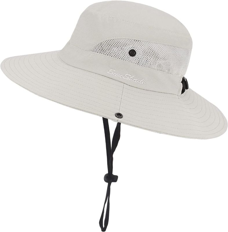 Photo 1 of Womens Summer Sun-Hat Outdoor UV Protection Fishing Hat Wide Brim Foldable-Beach-Bucket-Hat with Ponytail-Hole
