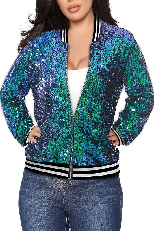 Photo 1 of (S) Yutuwomsfushi Women's Sequin Long Sleeve Front Zip Bomber Jacket with Ribbed Cuffs- small
