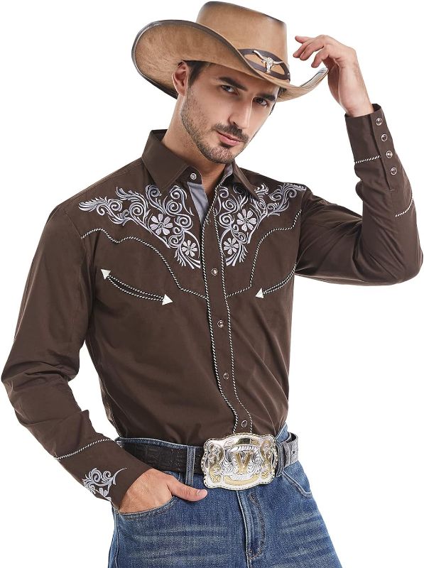 Photo 1 of (XL) EL PIONERO Men's Western Shirt Long Sleeve Embroidered Cowboy Casual Snap Button Shirt-XL
