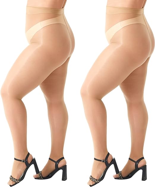 Photo 1 of One Size Fits AllMANZI 2 Pairs Women's Plus Size Oil Shiny Sheer Pantyhose High Waist Shimmer Stockings Nylon Silky Tights
