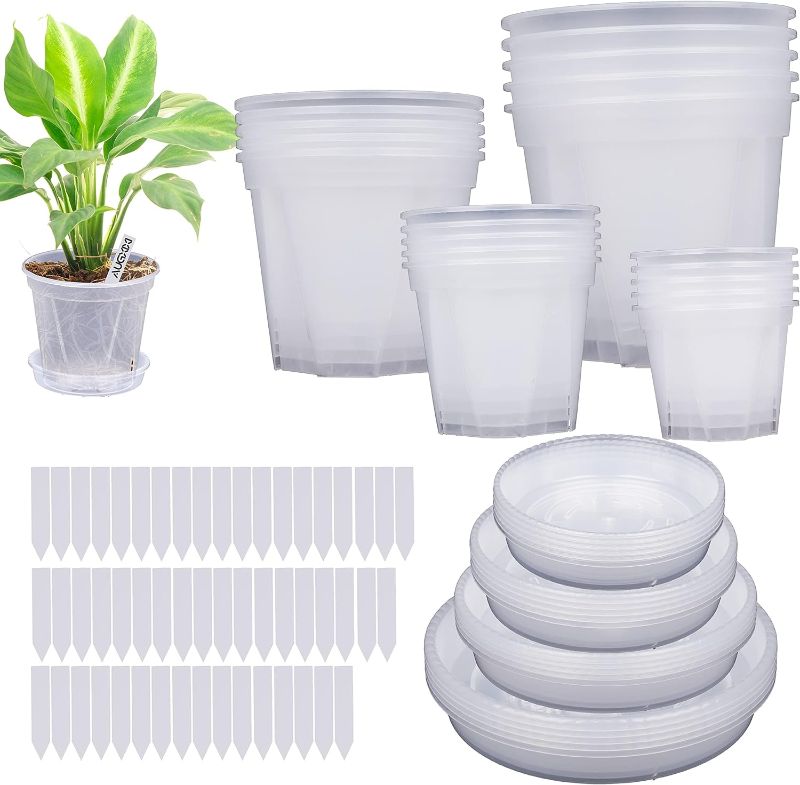 Photo 1 of 20Pack 4/5/6/7 inch Clear Nursery Pots with 20 Drip Trays 50Pcs Plant Labels, Plastic Reinforced Gardening Pots with Drainage Holes, Assorted Nursery Pots for Plants Succulent Vegetable Flowers
