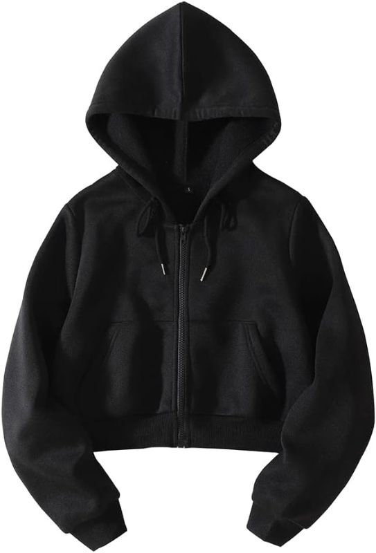 Photo 1 of (S) LOFAAC Women Fleece Full Zip Up Cropped Hoodie Sweatshirt 90s Long Sleeve Drawstring Hooded Crop Jacket Top with Pockets
