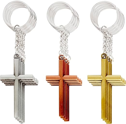 Photo 1 of Juvale 12 Pack Cross Keychains, Religious Jesus Key Rings Bulk for Christian Gifts, Party Favors, Car Keys (3 Colors, Metal, 4.75 x 1.3 In)
