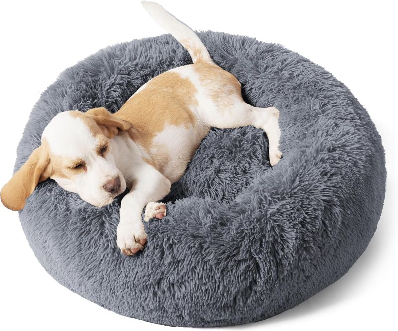 Photo 1 of Bedsure Calming Dog Bed for Small Dogs - Donut Washable Small Pet Bed, 23 inches Anti-Slip Round Fluffy Plush Faux Fur Large Cat Bed, Fits up to 25 lbs Pets, Dark Grey
