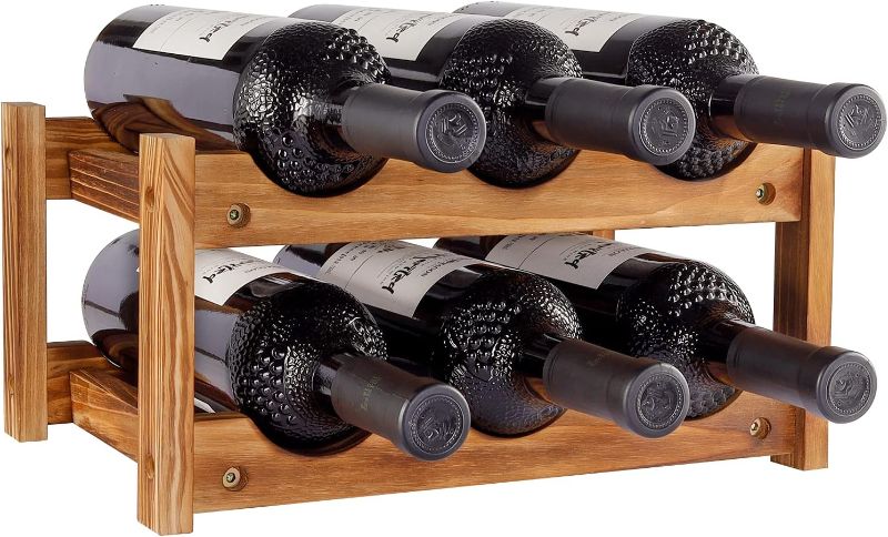 Photo 1 of Wine Rack 6 Bottle 2-Tier Wood Wine Storage Easy-Assembly Space-Saving for Wine Lovers,Kitchen Wine Organizer for Countertop,Table Top,Pantry, Home,Room Decor,Bar,Cellar Basement (2-Tiers)
