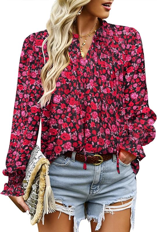 Photo 1 of (L) HOTOUCH Womens Long Sleeve Tops Boho Floral Printed Blouses Casual V Neck Pleated Drawstring Peasant Shirts- large