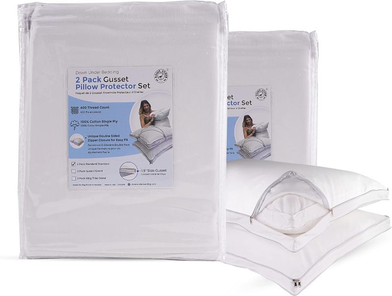 Photo 1 of Gusseted Pillow Protector Cover Case 2 Pack Set Standard Size 100% Cotton - 2 Sided Zipper Closure, 400 Thread Count Luxury Breathable Gusset Encasement for Pillows
