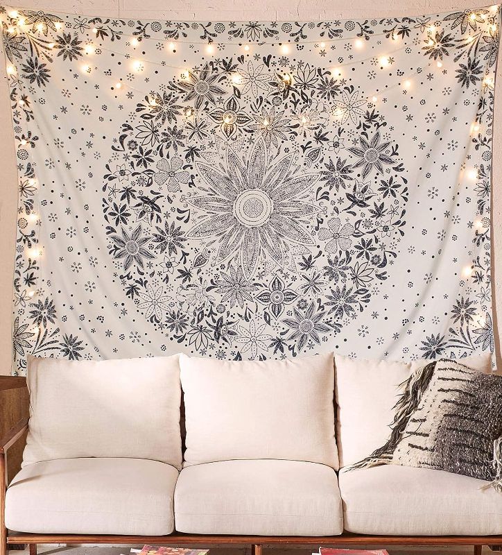 Photo 1 of Neasow Bohemian Tapestry Wall Hanging, Beige White Floral Tapestry with Dotted Daisy Medallion Print Bedroom Boho Hippie Home Decor, 50×60 inches
