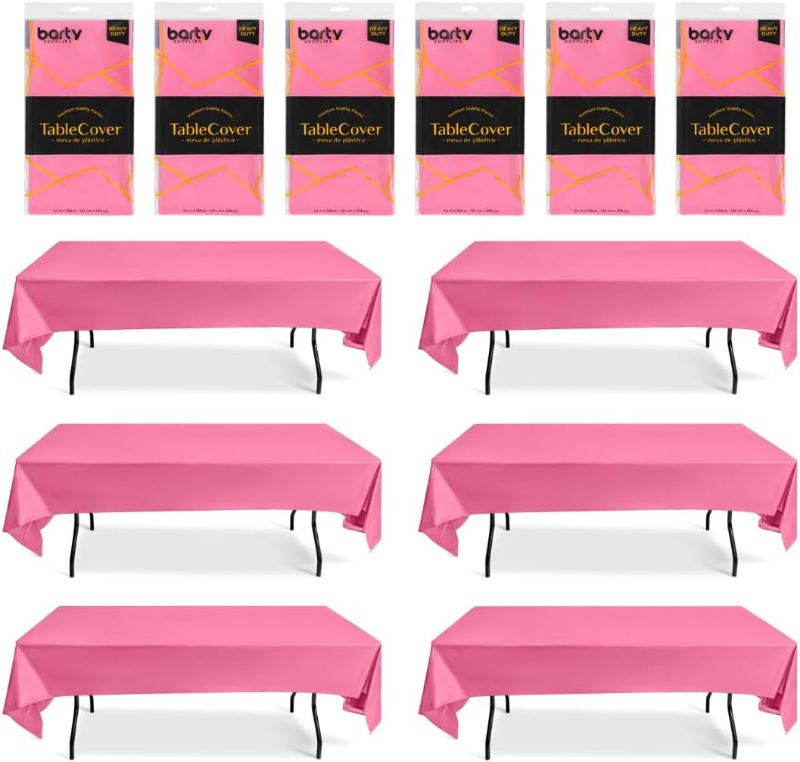 Photo 1 of Plastic Pink Table Cloths For Parties, 6 Pack, Thick Pink Tablecloth Plastic Good For Wedding, Birthday, Picnic Camping, also 12 Clips for Pink Disposable Tablecloths For Rectangle Tables - 54x108-in
