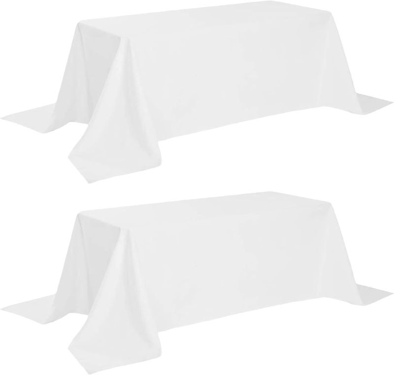 Photo 1 of Classic White Tablecloth 90x132 - White Table Clothes for 6 Foot Rectangle Tables, 200 GSM Stain and Wrinkle Resistant Washable Fabric [2 Pack]
