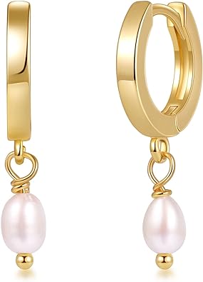 Photo 1 of Fiusem Pearl Earrings for Women, 14K Gold Plated Small Hoops and Pearl Dangle Earring With 925 Sterling Silver Post
