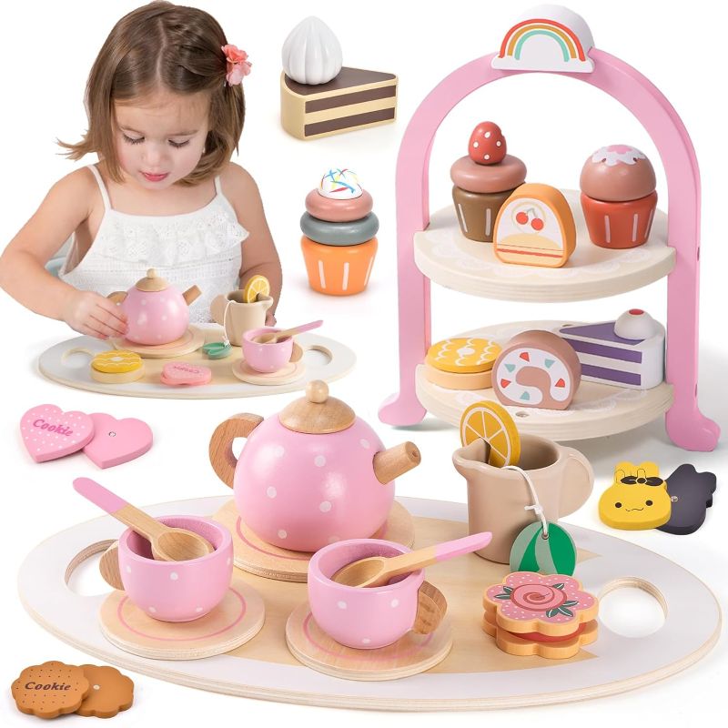 Photo 1 of Atoylink Wooden Tea Party Set for Little Girls Toys Kids Play Kitchen Toddler Tea Set with Play Food & Cupcake Stand Pretend Play Wooden Toys for 2 3 4 5 6 Year Old Girl Christmas Birthday Gift
