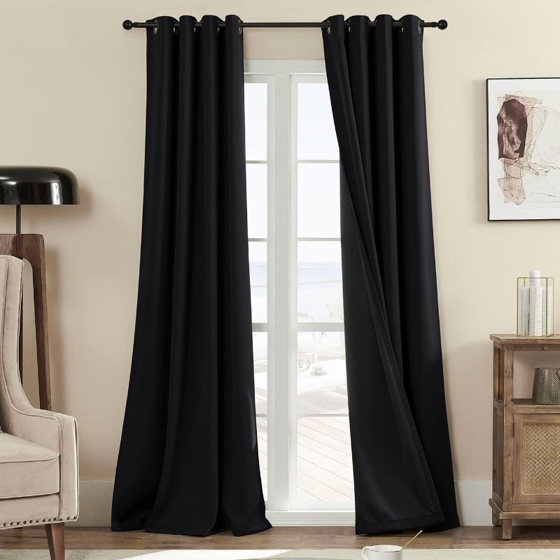 Photo 1 of 100% Blackout 340 GSM Curtains , 84 inches 2 panel sets, Heat and Full light Blocking Drapes with Grommets for Bedroom, Thermal Insulated Window Treatment Drapes for Living Room (Black,52x84inch)
