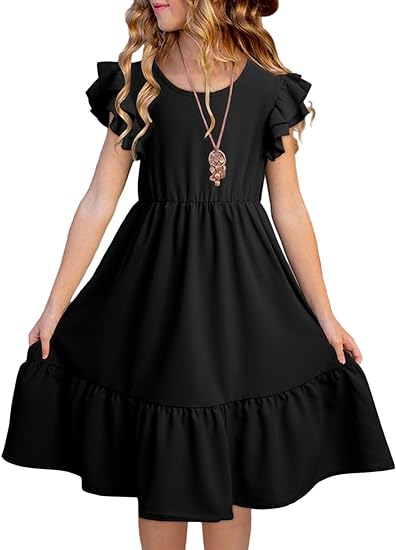 Photo 1 of (XL - 10Y-11Y) blibean Teen Girls Dresses Kids Double Layer Ruffle Sleeve Dress 
