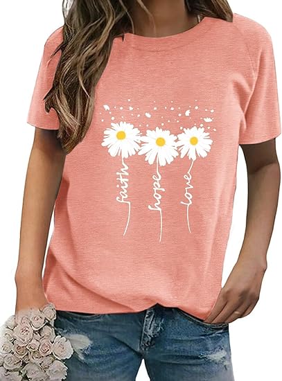 Photo 1 of (L) Women Crewneck Daisy Print Short Sleeve T-Shirts Summer Faith-Hope-Love Raglan Sleeve Tees Loose Fit Graphic Tops 2024- large
