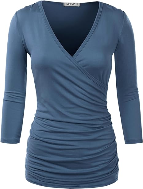Photo 1 of (1X) DOUBLJU 3/4 Sleeve Satin Ruched Hem Tank Tops Deep V Neck Tops Casual Basic Wrap Style T Shirts for Womens with Plus Size- 1X
