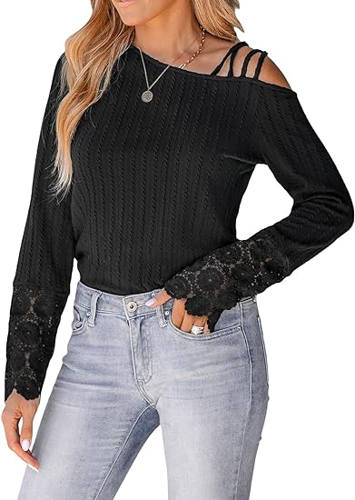 Photo 1 of size large CUPSHE Women Blouses Floral Lace One-Shoulder Tee Long Sleeves V Neck Tops
