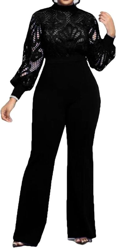 Photo 1 of (M) dasmzper Women's Long Sleeve Lace Jumpsuit Patchwork Outfits Wide Leg Pants One Piece Rompers High Waist Jumpsuits- size medium
