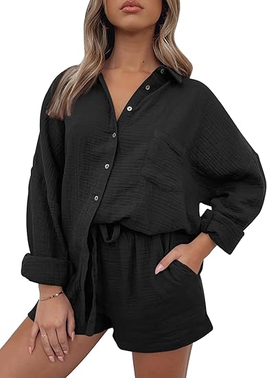 Photo 1 of (S) AUTOMET 2 Piece Outfits For Women Lounge Sets Pajama Sets Long Sleeve Button Down Oversized Shirts And Shorts Fall Tracksuit- size small