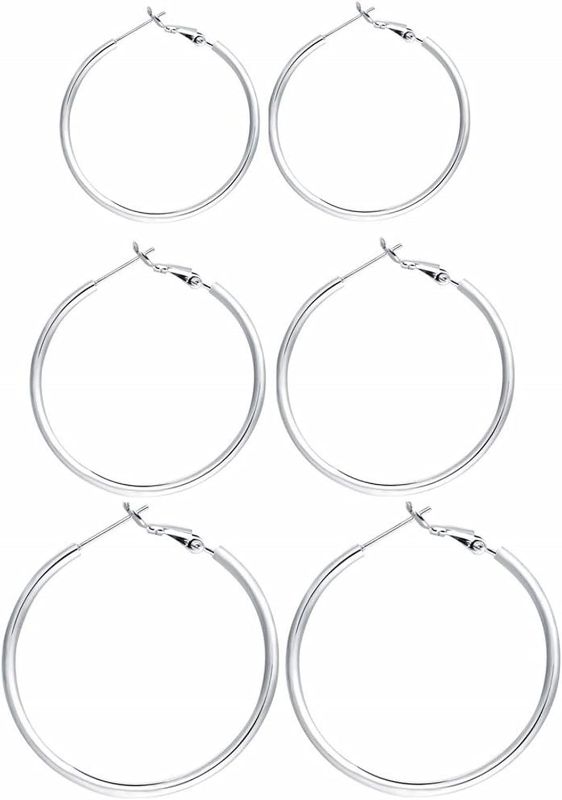 Photo 1 of 3 Pairs Sterling Silver Hoop Earrings - 14k White Gold Plated Hoop Earrings Big Hoop Earrings Set Silver Hoop Earrings for Women Valentine's Day Gift Jewelry (40MM 50MM 60MM)
