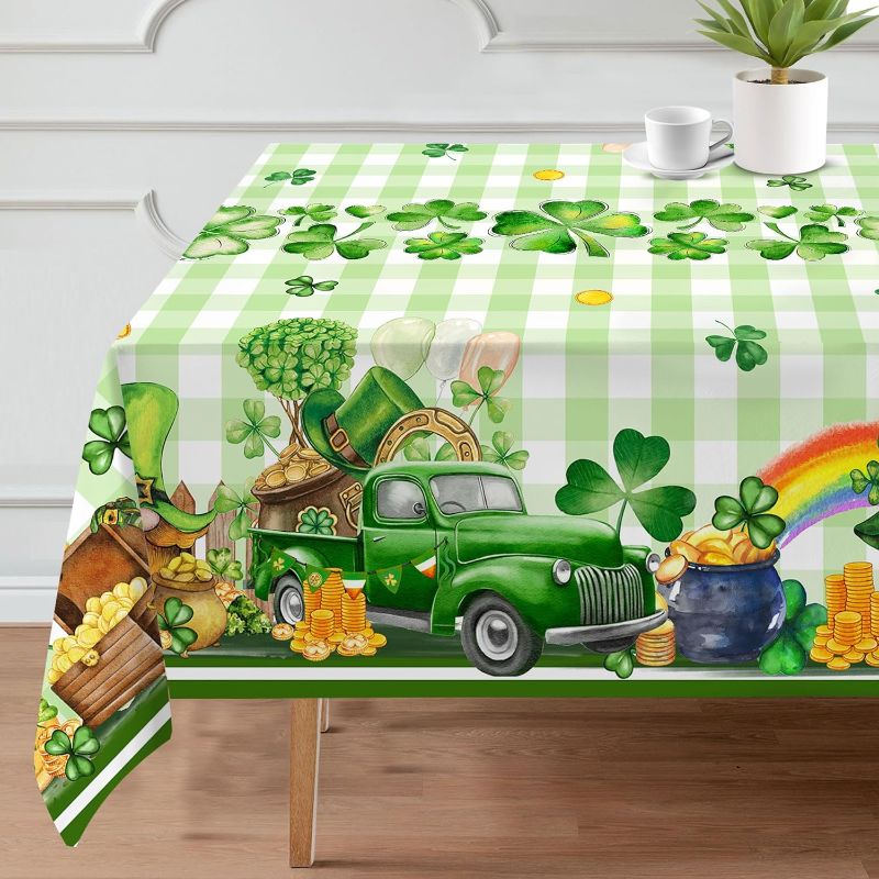 Photo 1 of cusugbaso St Patricks Day Tablecloth 60x84 Inch Rectangle - Plaid Truck Gnomes St Patricks Day Decorations for Home - Water Resistant Clover Spring Table Cloth Rectangle for Party, Table, Outdoor
