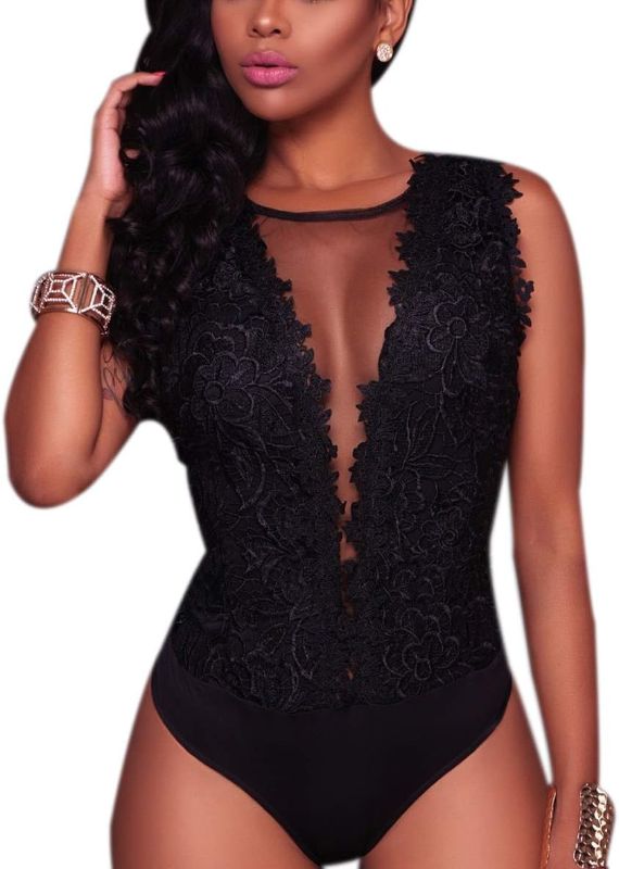 Photo 1 of (L) RARITYUS Women Sexy Lace Swimsuit Bodysuit Jumpsuit See Through Mesh Sleeveless/Long Sleeve Tops for Party Outfit- large